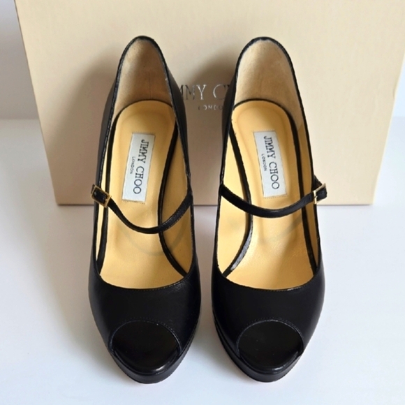 Jimmy Choo 'AMINA' Leather Platform Mary Jane Pumps Shoes, Black - Picture 4 of 9